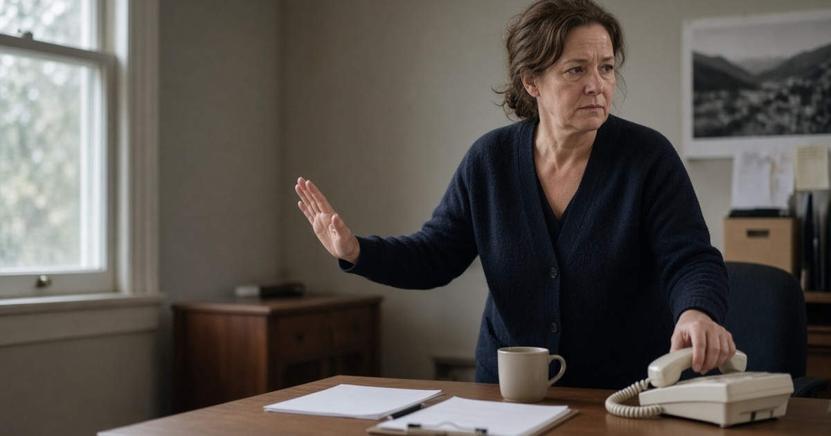 A dispatcher in a small office, mid stop-gesture, reaching for a corded phone after an odor-call warning.