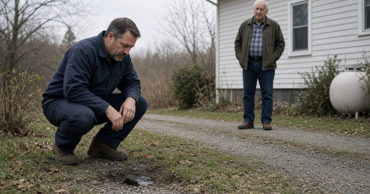 A technician crouched at a wet stain in gravel while a homeowner watches from the porch; a white residential propane tank in soft focus at right.