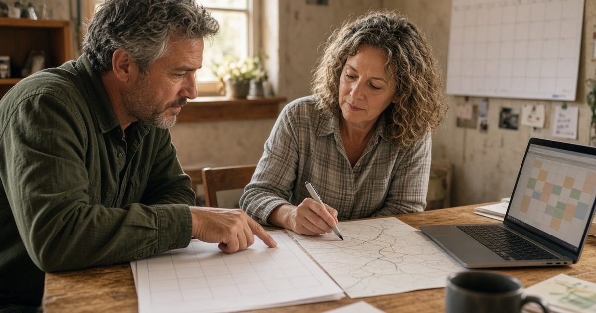 An owner and dispatcher lean over a paper route map and a blank calendar; a laptop shows abstract planning blocks.
