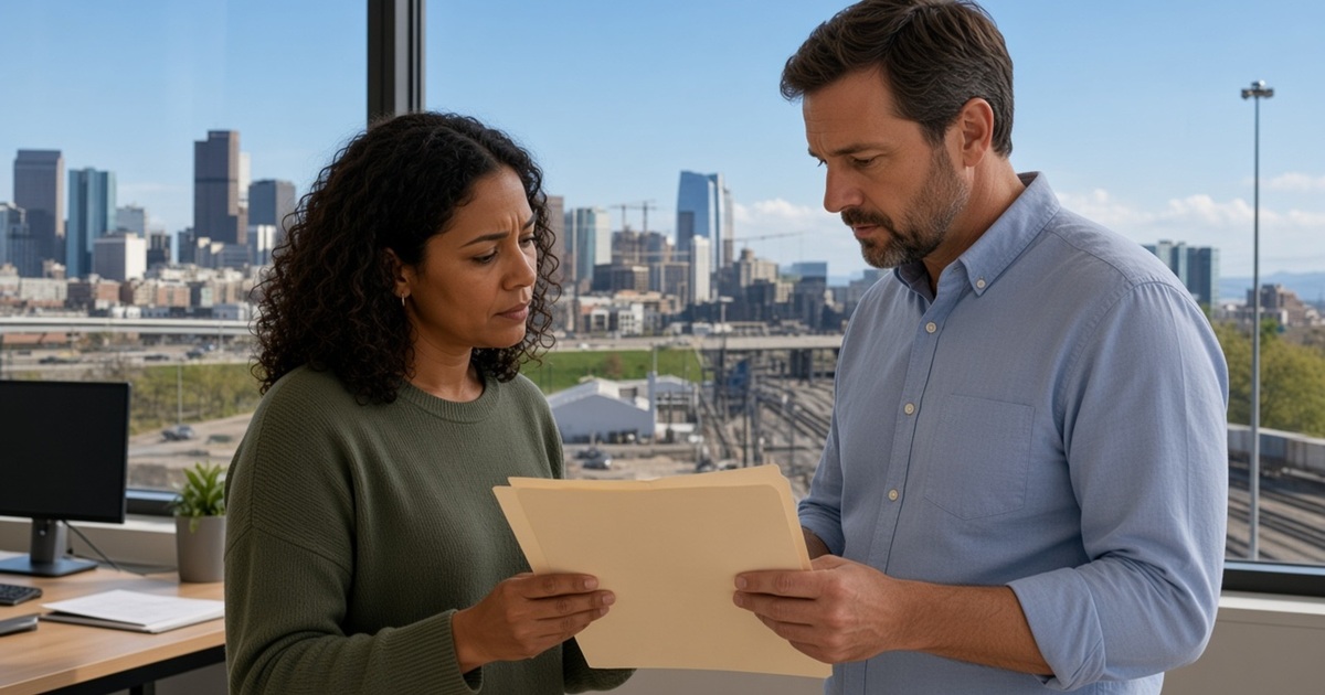 Two propane operators review a blank folder with the Denver skyline behind them.