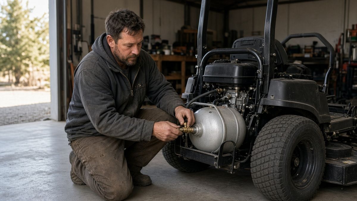 A mechanic kneeling in a shop connects a small propane cylinder to the fuel line of a zero-turn mower.
