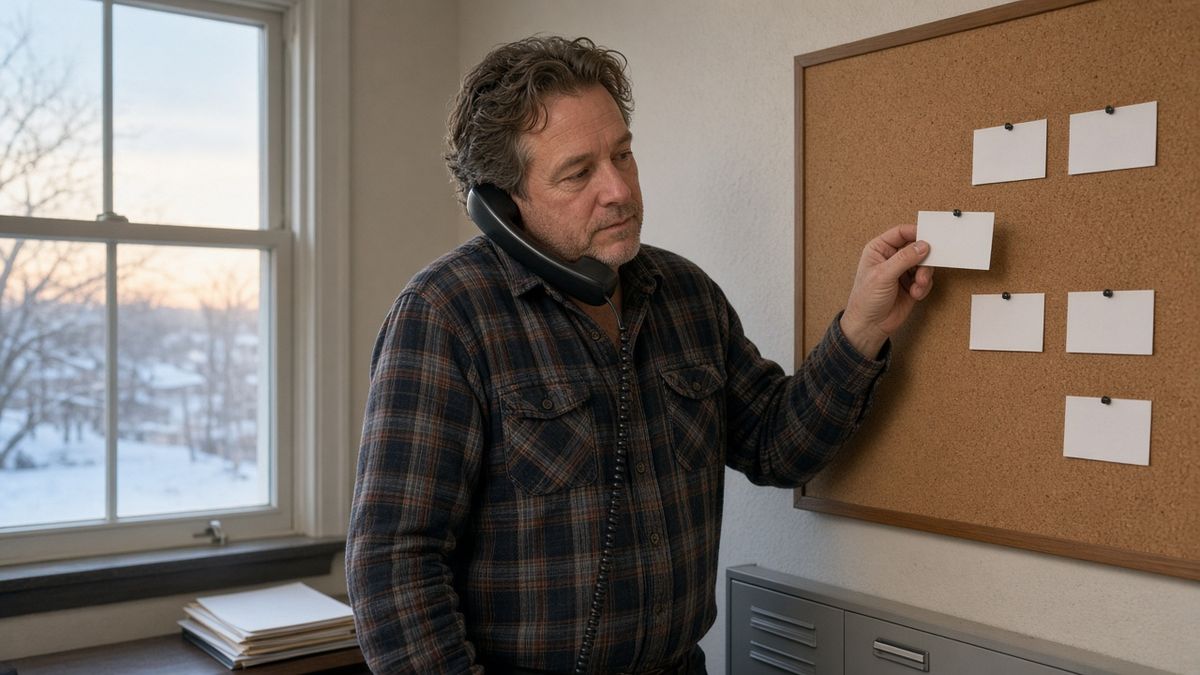 A man in a flannel shirt with a phone at his ear pins a blank card to a cork board beside a snowy office window at dawn.