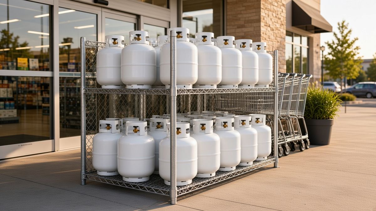 White 20-lb propane grill cylinders stocked on a steel exchange rack beside a store entrance.
