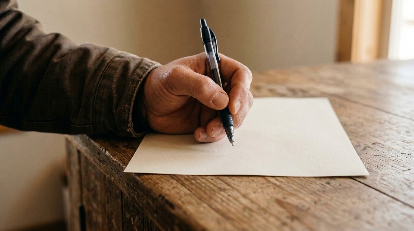 Illustration of a hand holding a pen over blank paper