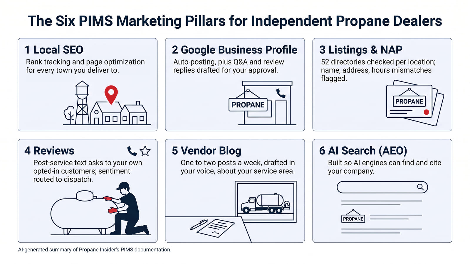 Explainer poster of the six PIMS marketing pillars for independent propane dealers: local SEO, Google Business Profile, listings and NAP accuracy, reviews, vendor blog, and AI search visibility.
